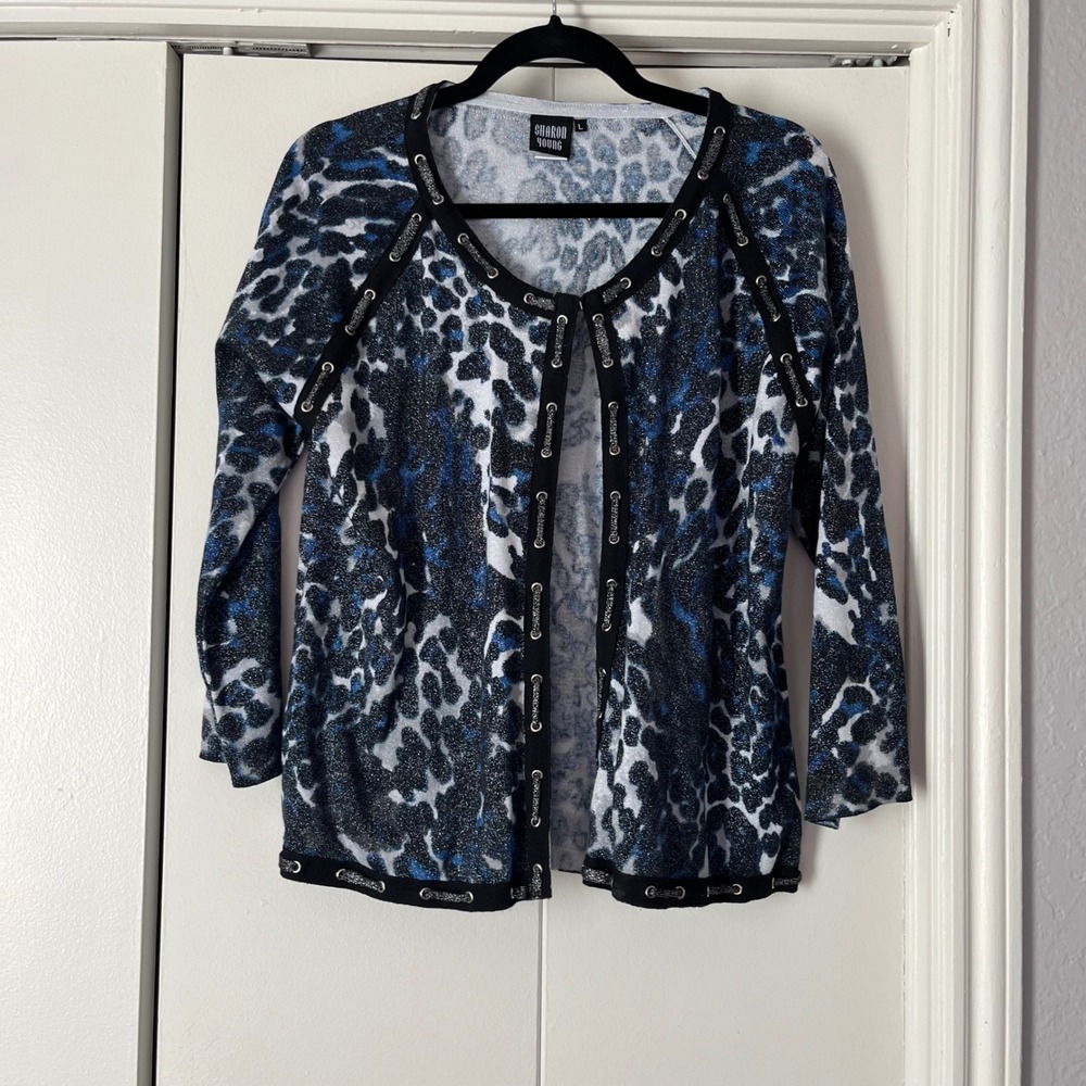 Sharon‎ Young Animal Print Cardigan Top Embellished Blue Black White L